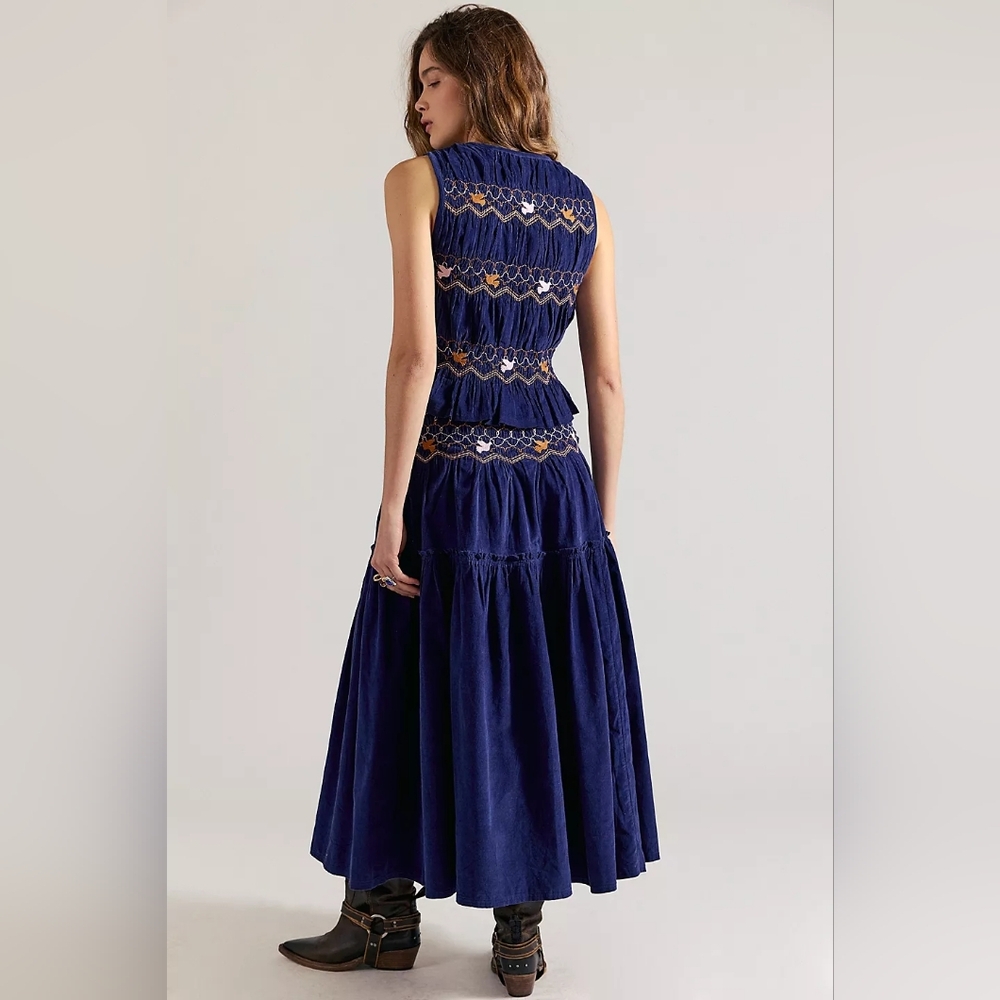 NWT! Free People Terra Smocked Maxi Skirt Set (M), Blue, Corduroy - Picture 3 of 16